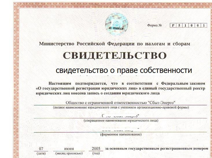 Свидетельство о праве собственности